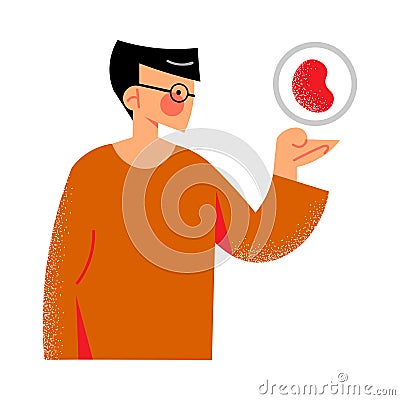 Volunteer man in the brown shirt with the blood donation symbol concept. Vector illustration in flat cartoon style. Vector Illustration