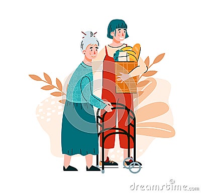 Volunteer and old lady at decorative backdrop, flat vector illustration isolated. Vector Illustration