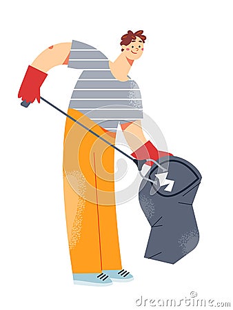 Volunteer picking garbage waste outdoor, man working in rubber gloves, holding rake Vector Illustration