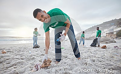 Volunteer portrait, beach cleaning or man for recycling plastic bottle for community service, pollution and earth day Stock Photo