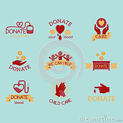 Volunteer red icons charity donation vector set humanitarian awareness hand hope aid support symbols. Vector Illustration