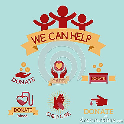 Volunteer red icons charity donation vector set humanitarian awareness hand hope aid support symbols. Vector Illustration