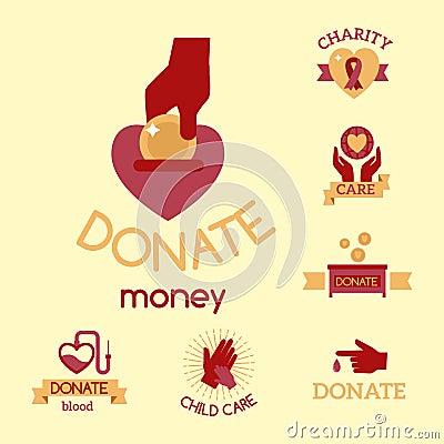 Volunteer red icons charity donation vector set humanitarian awareness hand hope aid support symbols. Vector Illustration