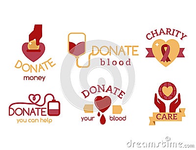 Volunteer red icons charity donation vector set humanitarian awareness hand hope aid support symbols. Vector Illustration