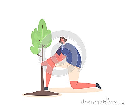 Volunteer Saving Nature Ecological Concept, Global Warming, Environment Care and Day of Earth. Woman Planting Tree Vector Illustration