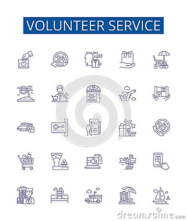 Volunteer service line icons signs set. Design collection of Volunteering, Service, Helping, Donating, participating Vector Illustration