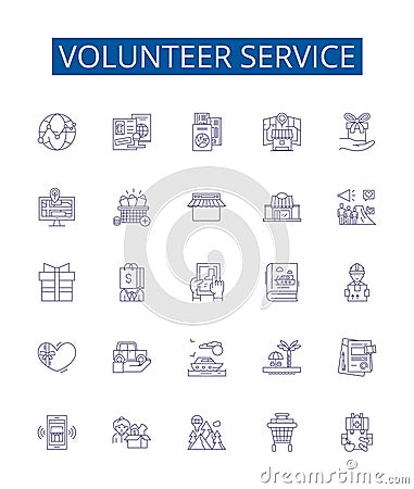 Volunteer service line icons signs set. Design collection of Volunteering, Service, Helping, Donating, participating Vector Illustration