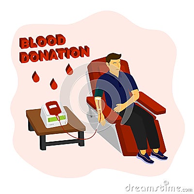 Volunteer sitting on medical chair to donating his blood, health lifestyle with blood donor charity flat design illustration. Vector Illustration