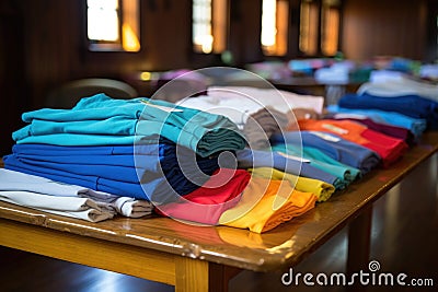 volunteer t-shirts neatly folded on a table Stock Photo
