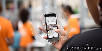 A volunteer using a smartphone to coordinate a community event, set against an organized, collaborative background Stock Photo