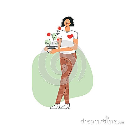 Volunteer and volunteering concept. Young ecologist character in white shirt with heart with green plant in pot Vector Illustration