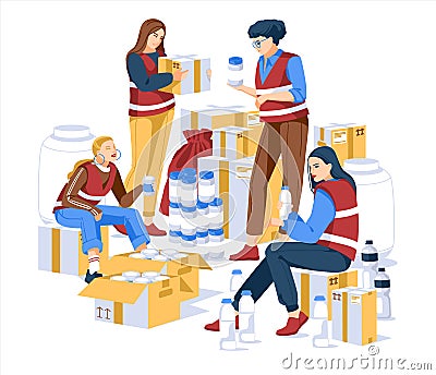 Volunteer warehouse of products and necessities. Four female volunteers sort and distribute the goods. Vector Illustration