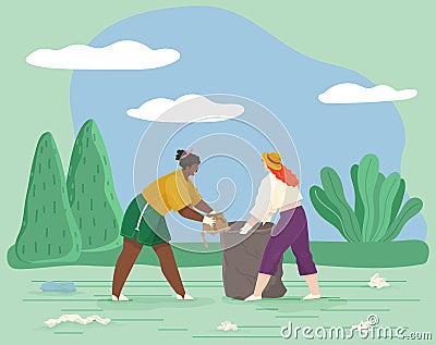 Girls remove paper waste from meadow or glade. Female characters throwing trash to rubbish bag Vector Illustration