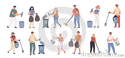 Volunteer work, city cleaning, trash collection flat vector illustrations set. Social project, territory cleaning Vector Illustration