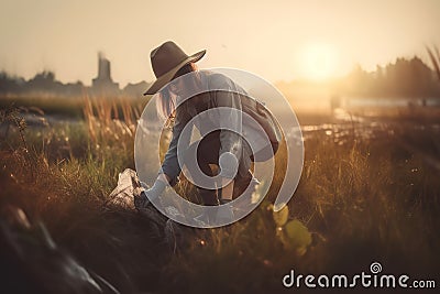 Volunteer young woman collecting garbage, picking up waste at sunset light, land pollution, environmental problem. Generative AI Stock Photo