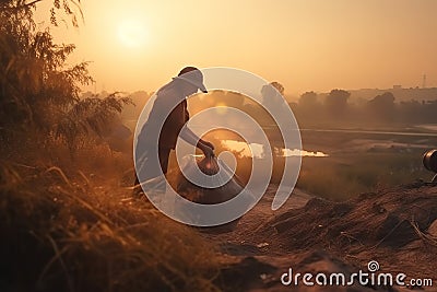 Volunteer young woman collecting garbage, picking up waste at sunset light, land pollution, environmental problem. Generative AI Stock Photo