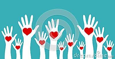 Volunteering, charity and donating concept. Raised white hands with red heart on blue background vector design element Vector Illustration