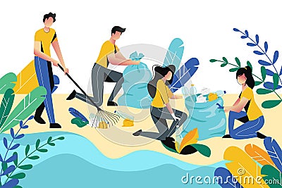 Volunteering, charity social concept. Volunteer people cleaning garbage on beach area or city park, vector illustration Vector Illustration