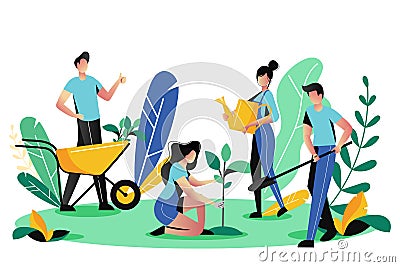 Volunteering, charity social concept. Volunteer people plant trees in park, vector illustration. Ecological lifestyle Vector Illustration