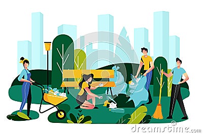 Volunteering, charity social concept. Volunteer team cleaning garbage on lawn of city park, vector illustration Vector Illustration