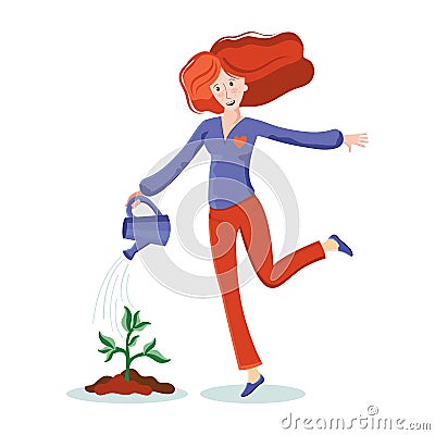 Volunteering, charity social concept. A young woman watering a plant. Volunteer people plant trees in city Park. The gardener Cartoon Illustration