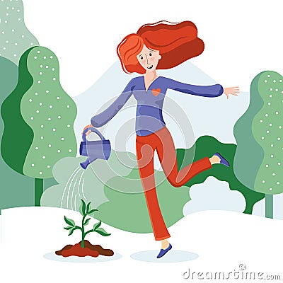 Volunteering, charity social concept. A young woman watering a plant. Volunteer people plant trees in city Park. The gardener Cartoon Illustration