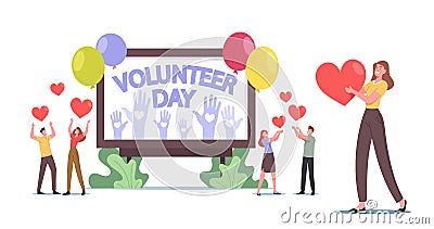 Volunteering, Charity Support Concept. Volunteers Male and Female Characters Celebrate International Volunteer Day Vector Illustration