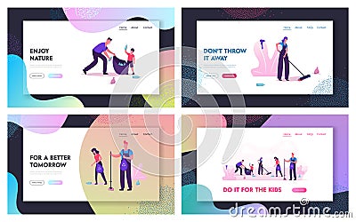 Volunteering Charity, Trash Collection Website Landing Page Set. People in Working Overalls Cleaning Garbage Vector Illustration