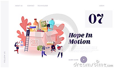 Volunteering and Charity Website Landing Page. Tiny People Filling Cardboard Donation Box with Food and Products Vector Illustration