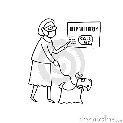 Volunteering concept vector illustration. Elderly woman reading announcement about help during covid-19 pandemic. Vector Illustration