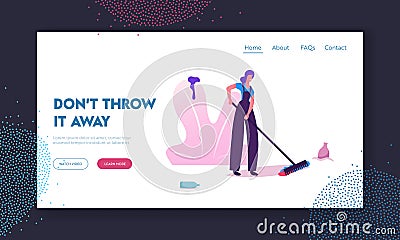 Volunteering and Ecology Protection Website Landing Page. Girl Volunteer in Working Overall Cleaning Garbage Vector Illustration