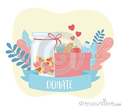 Volunteering, help charity donate box with food and money love Vector Illustration