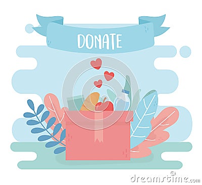 Volunteering, help charity donate food water in box Vector Illustration