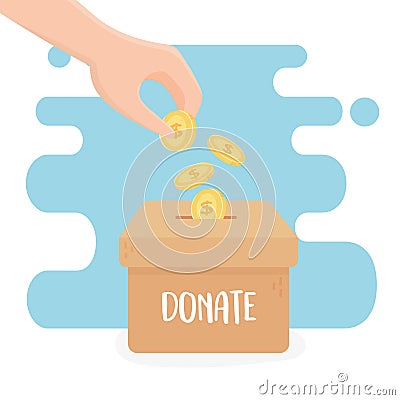Volunteering, help charity donate hand pushing coins in box Vector Illustration