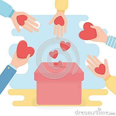 Volunteering, help charity hands with hearts in box Vector Illustration
