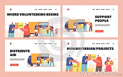 Volunteering Landing Page Template Set. Volunteers Giving Humanitarian Help Boxes to Refugee Characters in Need Vector Illustration