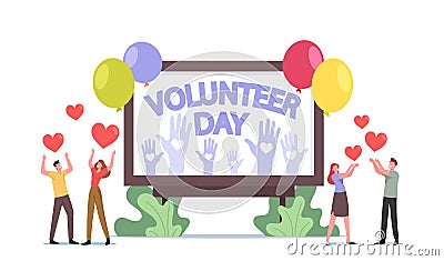 Volunteering Support Services, Charity Concept. Volunteers Male Female Characters Celebrate International Volunteer Day Vector Illustration