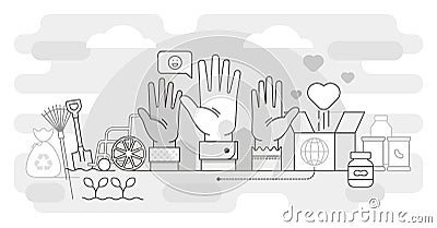 Volunteering vector illustration outline concept. Help and sharing hope outlined concept Vector Illustration