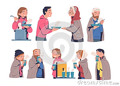 Volunteering with Volunteer Giving Homeless People Warm Food Vector Set Vector Illustration