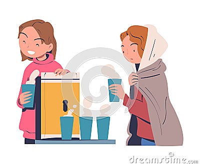 Volunteering with Woman Volunteer Giving Homeless People Warm Drink Vector Illustration Vector Illustration