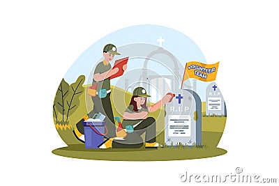 Volunteers assist with cleaning and maintaining gravesites of fallen soldiers Vector Illustration