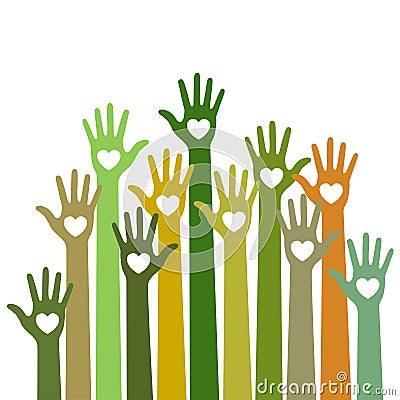 Volunteers bright colorful caring up hands hearts vector design element on sky background. Vector Illustration