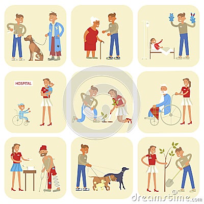 Volunteers characters in flat design Vector Illustration