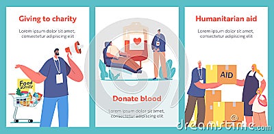 Volunteers Charity, Donation, Humanitarian Aid and Help to Poor People Cartoon Banners. Characters Donate Vector Posters Vector Illustration