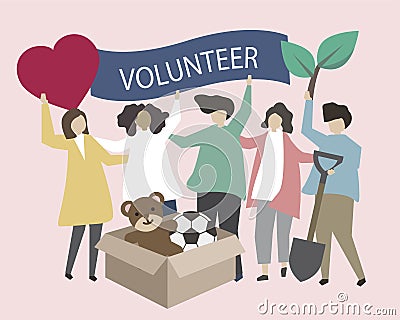 Volunteers with charity icons illustration Vector Illustration