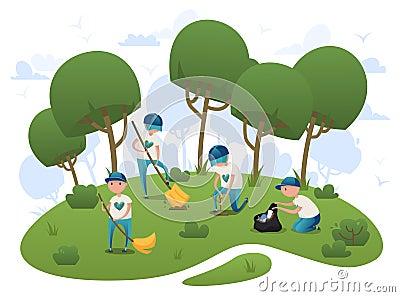 Volunteers clean up trash and plant trees in the park Stock Photo