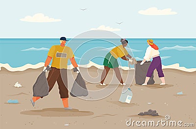 Characters throwing trash on shore polluted with plastic and paper waste vector illustration Vector Illustration
