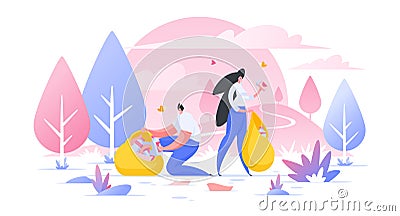 Volunteers cleaning wild nature area flat illustration cartoon characters collecting garbage in bag Cartoon Illustration