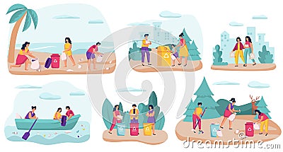 Volunteers collecting garbage in nature, vector illustration Vector Illustration