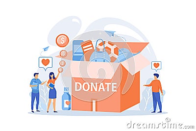 Volunteers collecting goods for charity into huge donation box and donating coins into jar. Donation, charity donation funds, gift Vector Illustration